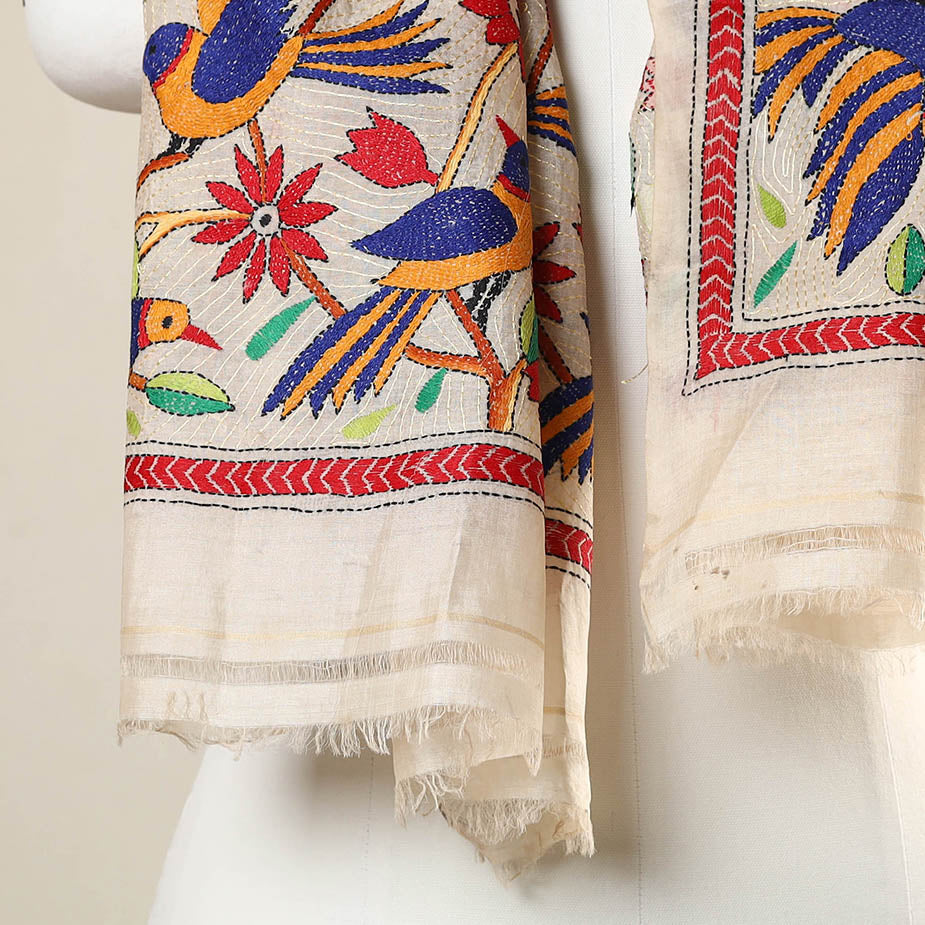 Beige - Exclusive! Bengal Nakshi Kantha Hand Embroidery Desi Tussar Handloom Stole 54