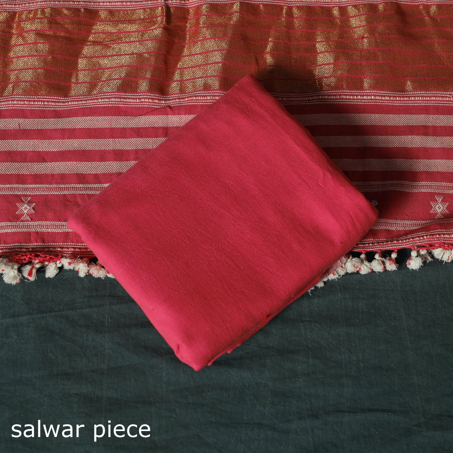Pink - Kutch Bhujodi Handloom Kala Cotton 3pc Unstitched Dress Material Suit Set 07