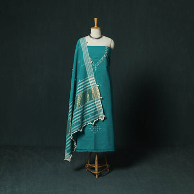 Green - Kutch Bhujodi Handloom Kala Cotton 3pc Unstitched Dress Material Suit Set 01