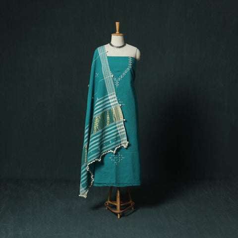 Green - Kutch Bhujodi Handloom Kala Cotton 3pc Unstitched Dress Material Suit Set 01