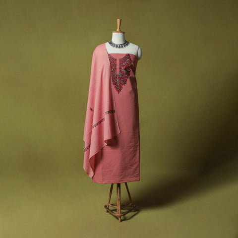Pink - Hand Embroidered Cotton Kashida 3pc Unstitched Dress Material Suit Set 63