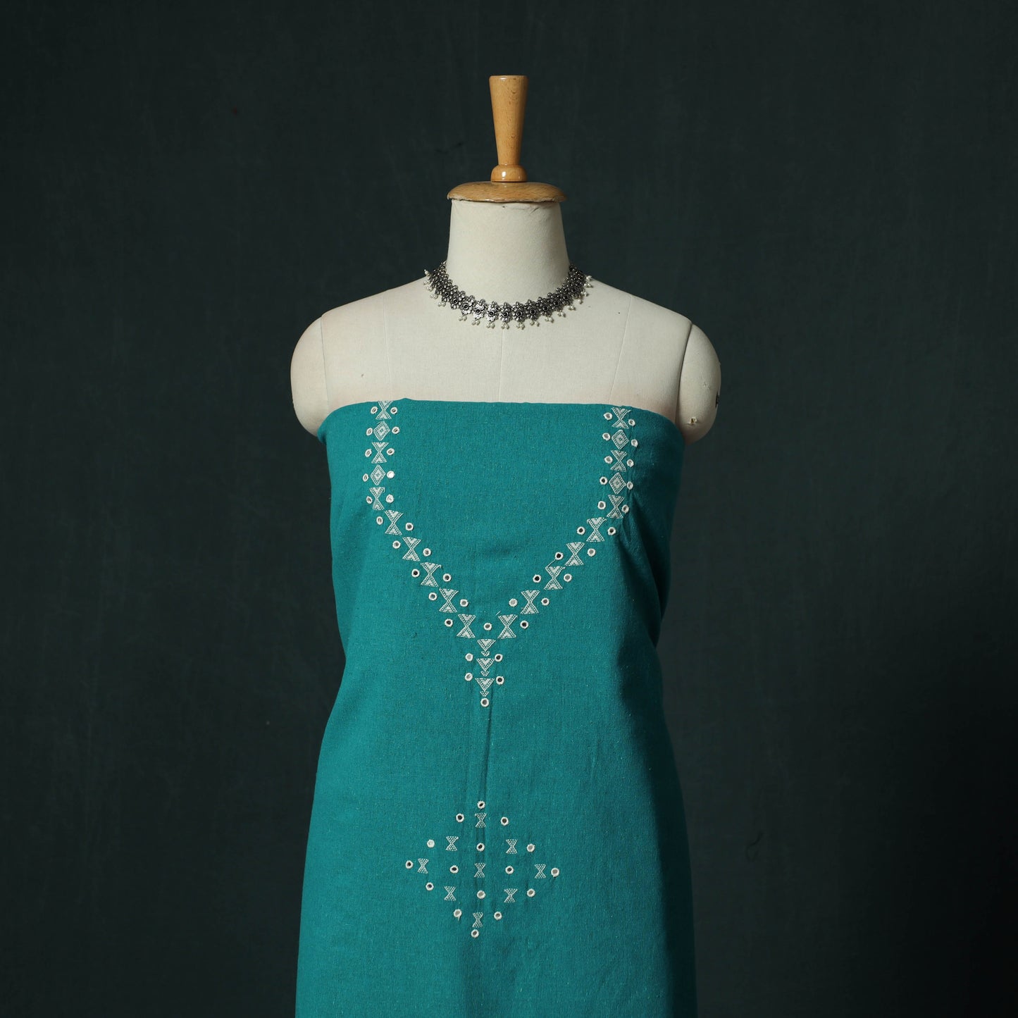Green - Kutch Bhujodi Handloom Kala Cotton 3pc Unstitched Dress Material Suit Set 01