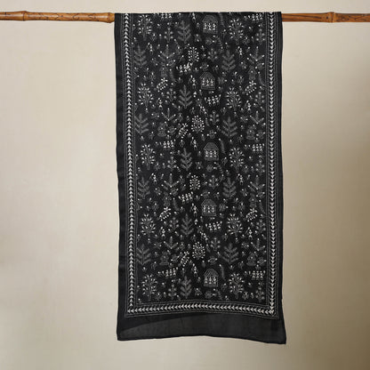 Black - Bengal Kantha Hand Embroidery Bangalore Silk Handloom Stole 44