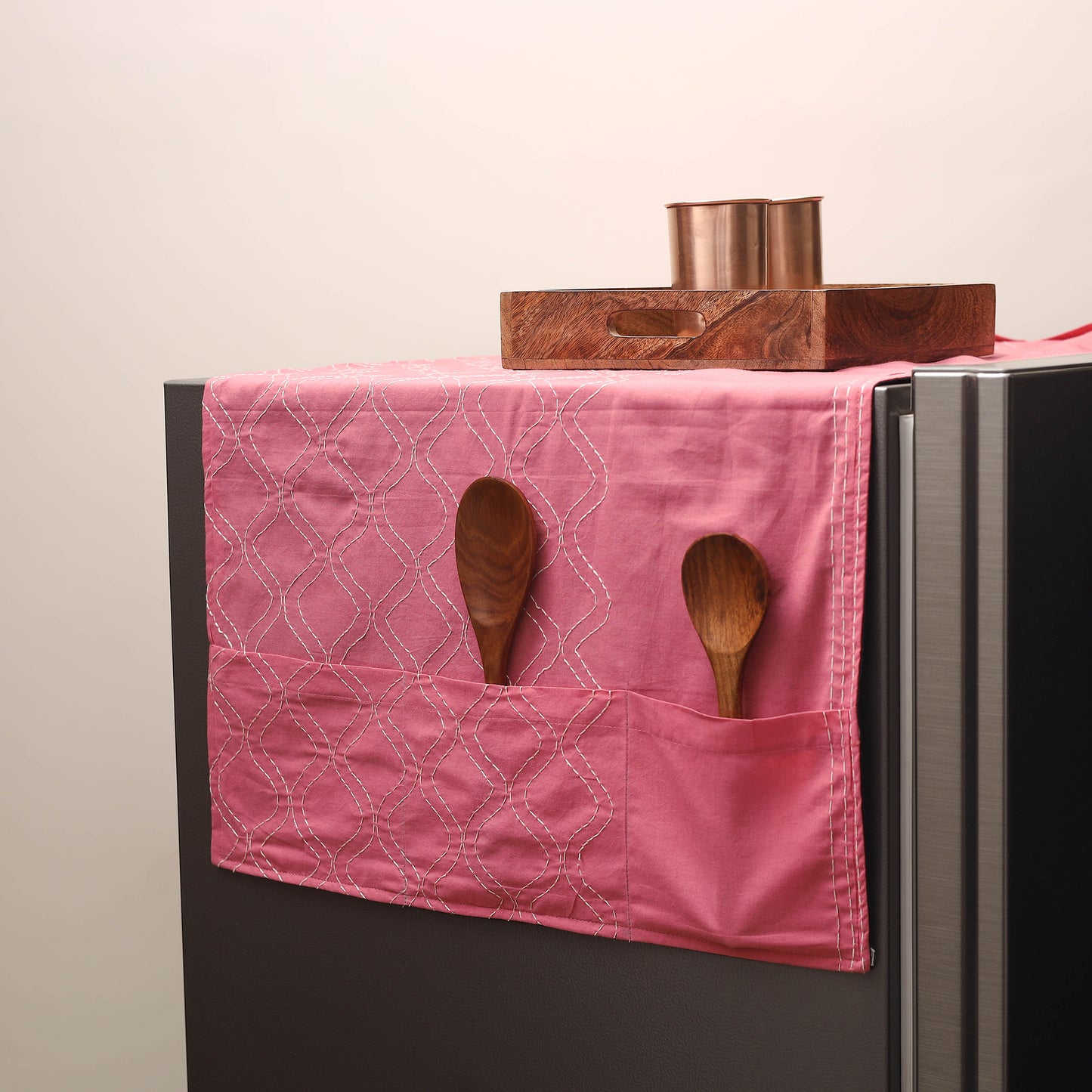 Pink Handmade Cotton Fridge Top Cover with Multiple Pockets