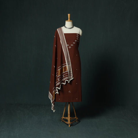 Brown - Kutch Bhujodi Handloom Kala Cotton 3pc Unstitched Dress Material Suit Set 03