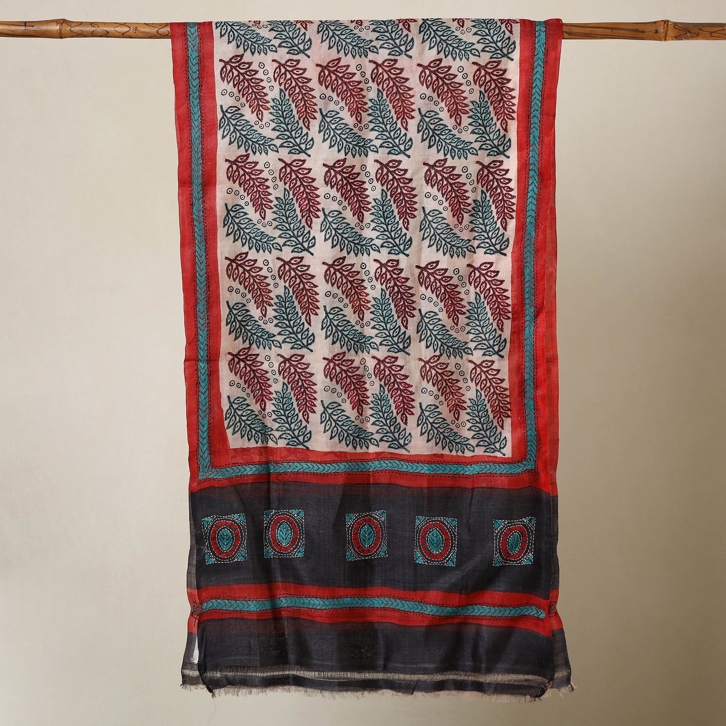 Multicolor - Bengal Kantha Hand Embroidery Tussar Block Print Handloom Stole 40