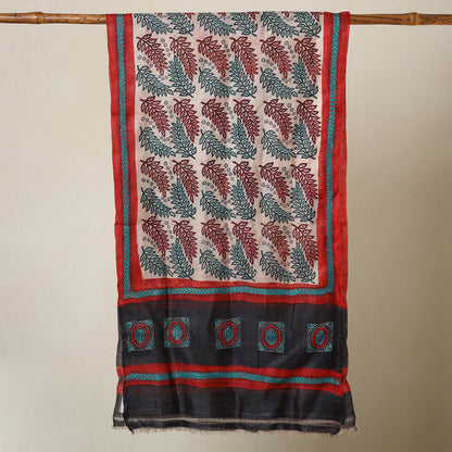 Multicolor - Bengal Kantha Hand Embroidery Tussar Block Print Handloom Stole 40
