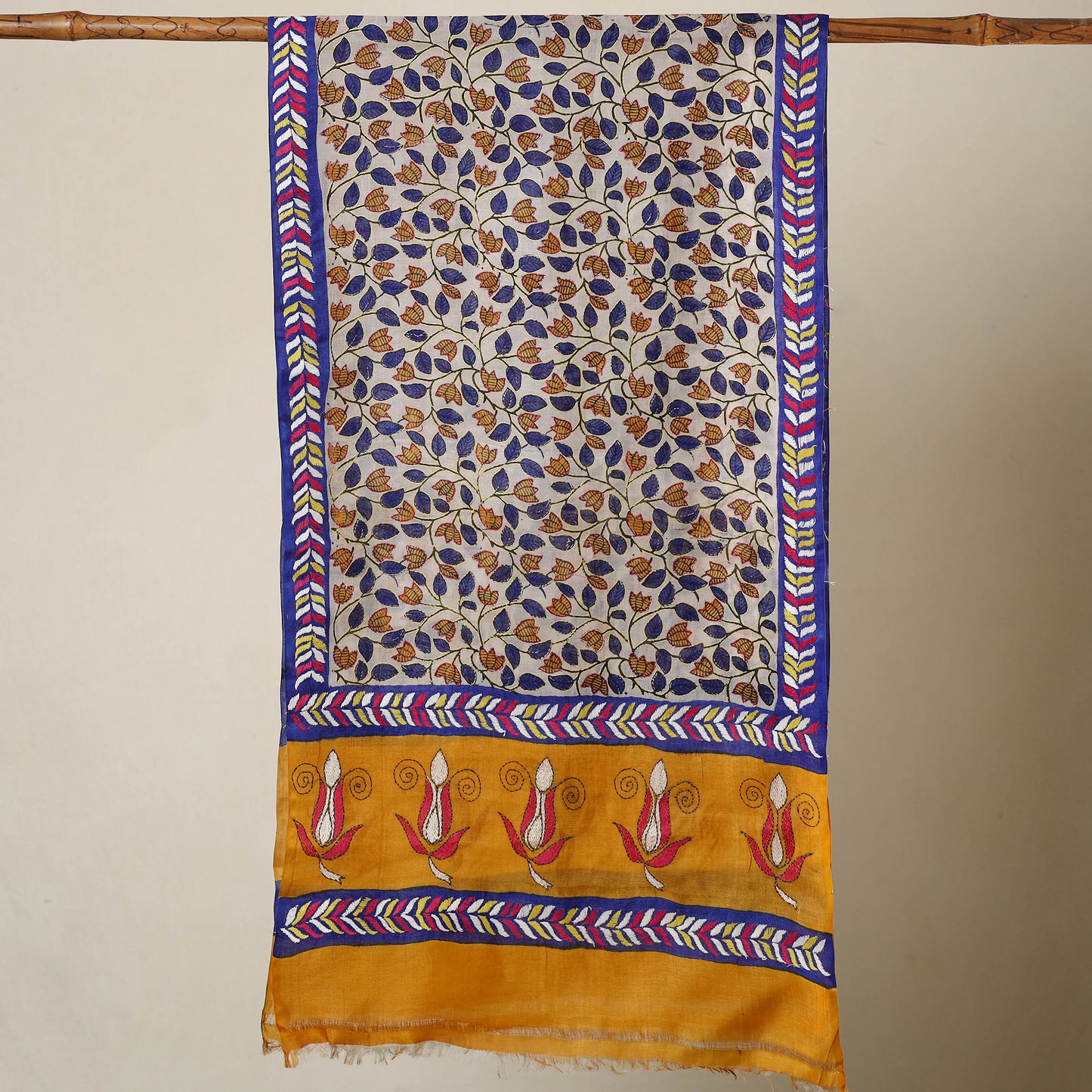 Multicolor - Bengal Kantha Hand Embroidery Tussar Block Print Handloom Stole 39