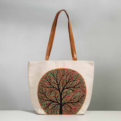 White - Beige - Tree of Life - Canvas Cotton Handpainted Shoulder Bag