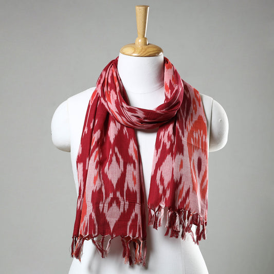 Red - Pochampally Central Asian Ikat  Handloom Cotton Stole with Tassels