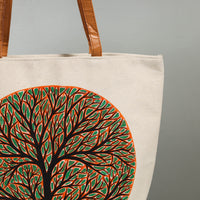 White - Beige - Tree of Life - Canvas Cotton Handpainted Shoulder Bag