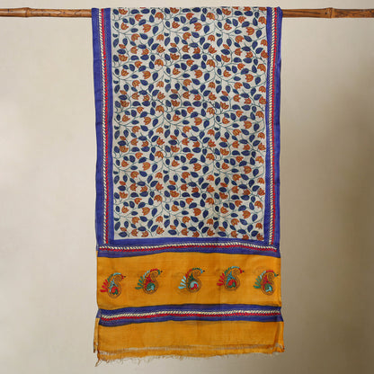 Beige - Bengal Kantha Hand Embroidery Tussar Block Print Handloom Stole 35