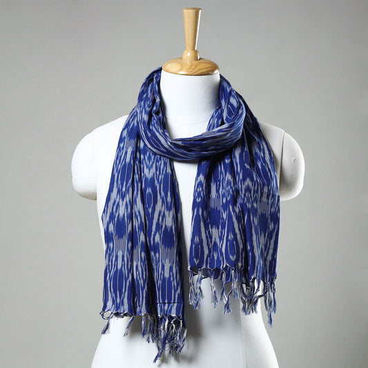 Blue - Pochampally Central Asian Ikat  Handloom Cotton Stole with Tassels