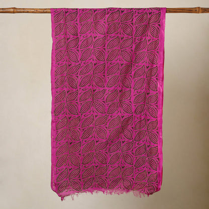 Pink - Bengal Kantha Hand Embroidery Tussar Block Print Handloom Stole 34