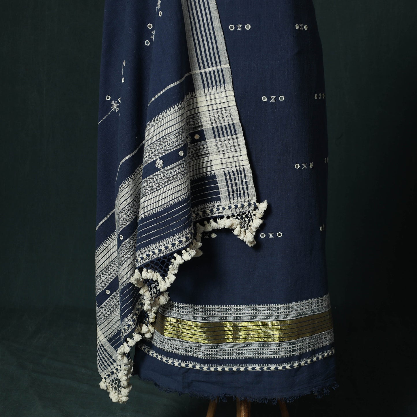Blue - Kutch Bhujodi Handloom Kala Cotton 3pc Unstitched Dress Material Suit Set 04