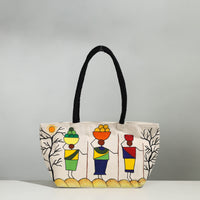 White - Beige - Canvas Cotton Handpainted Shoulder Bag