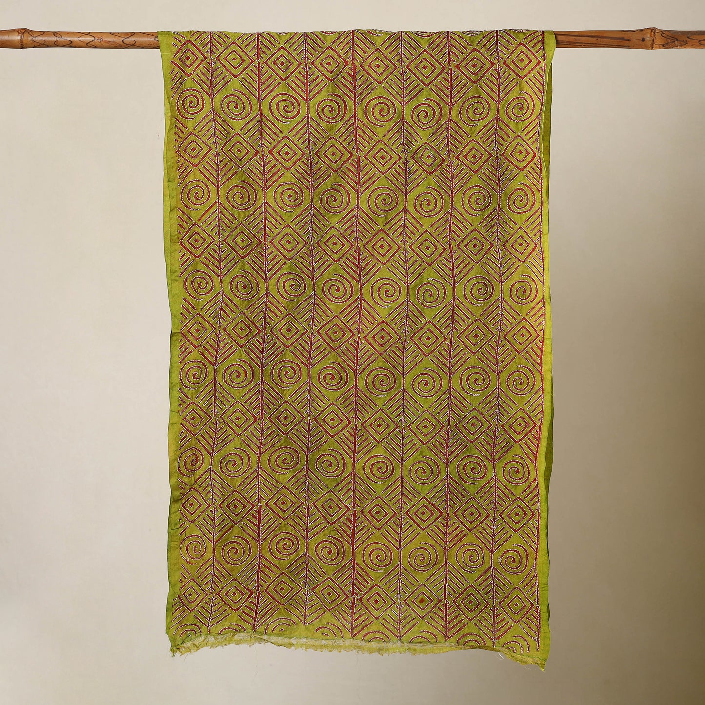 Green - Bengal Kantha Hand Embroidery Tussar Block Print Handloom Stole 33