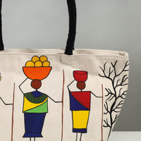 White - Beige - Canvas Cotton Handpainted Shoulder Bag