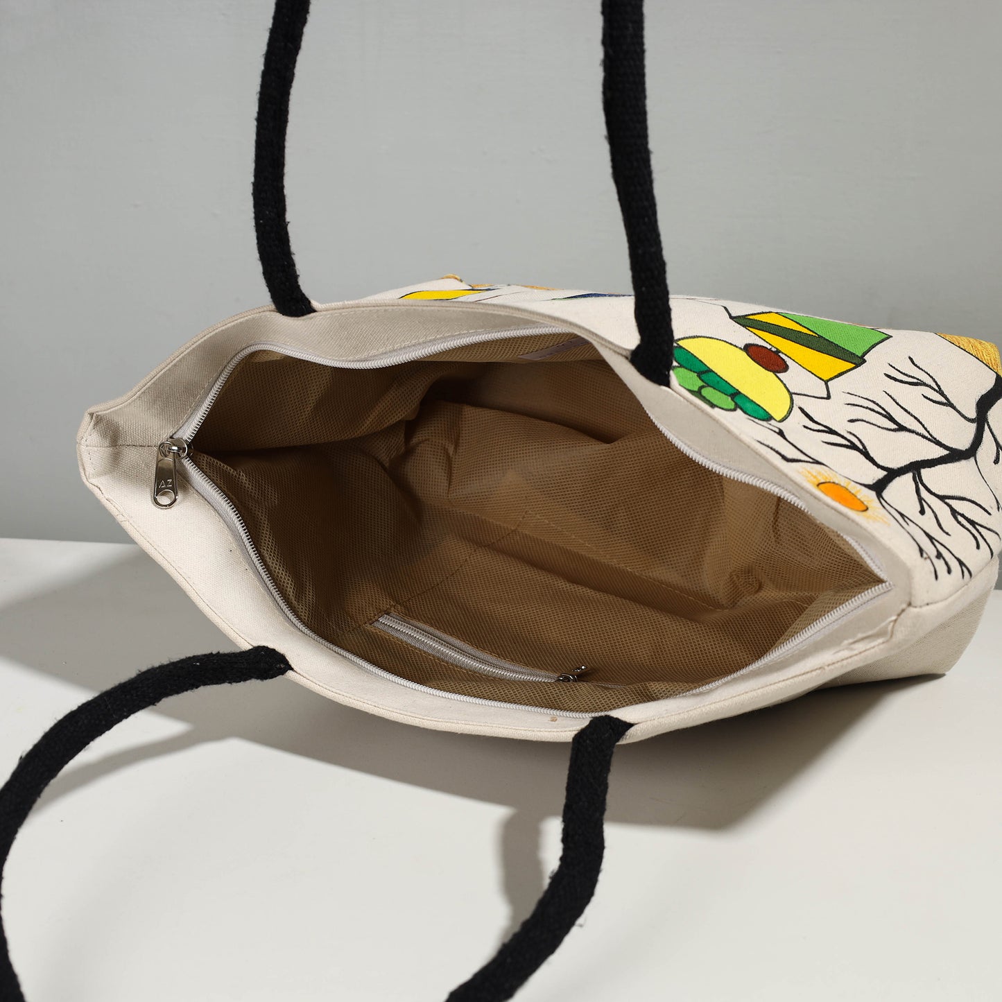 White - Beige - Canvas Cotton Handpainted Shoulder Bag