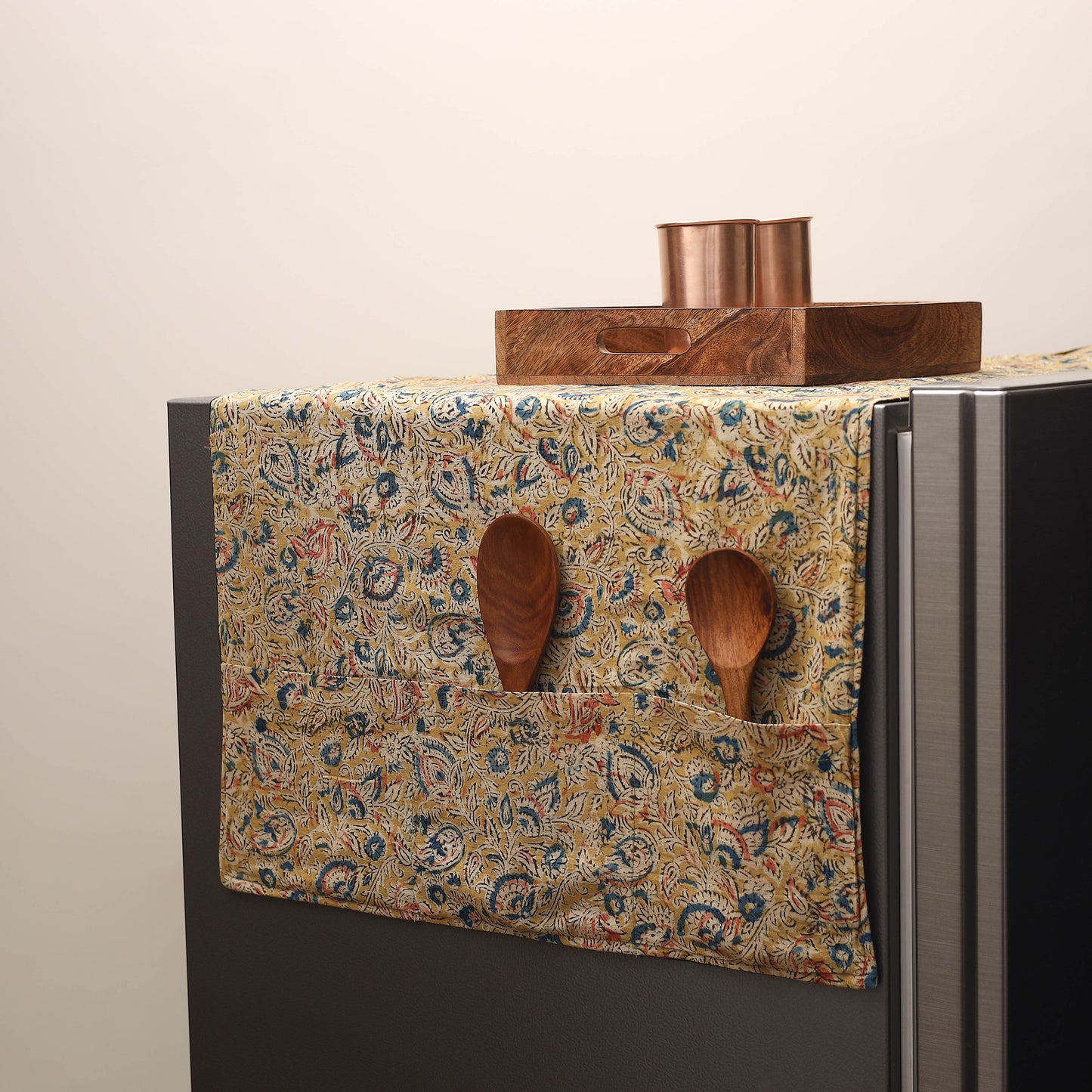 Yellow Handmade Cotton Fridge Top Cover with Multiple Pockets