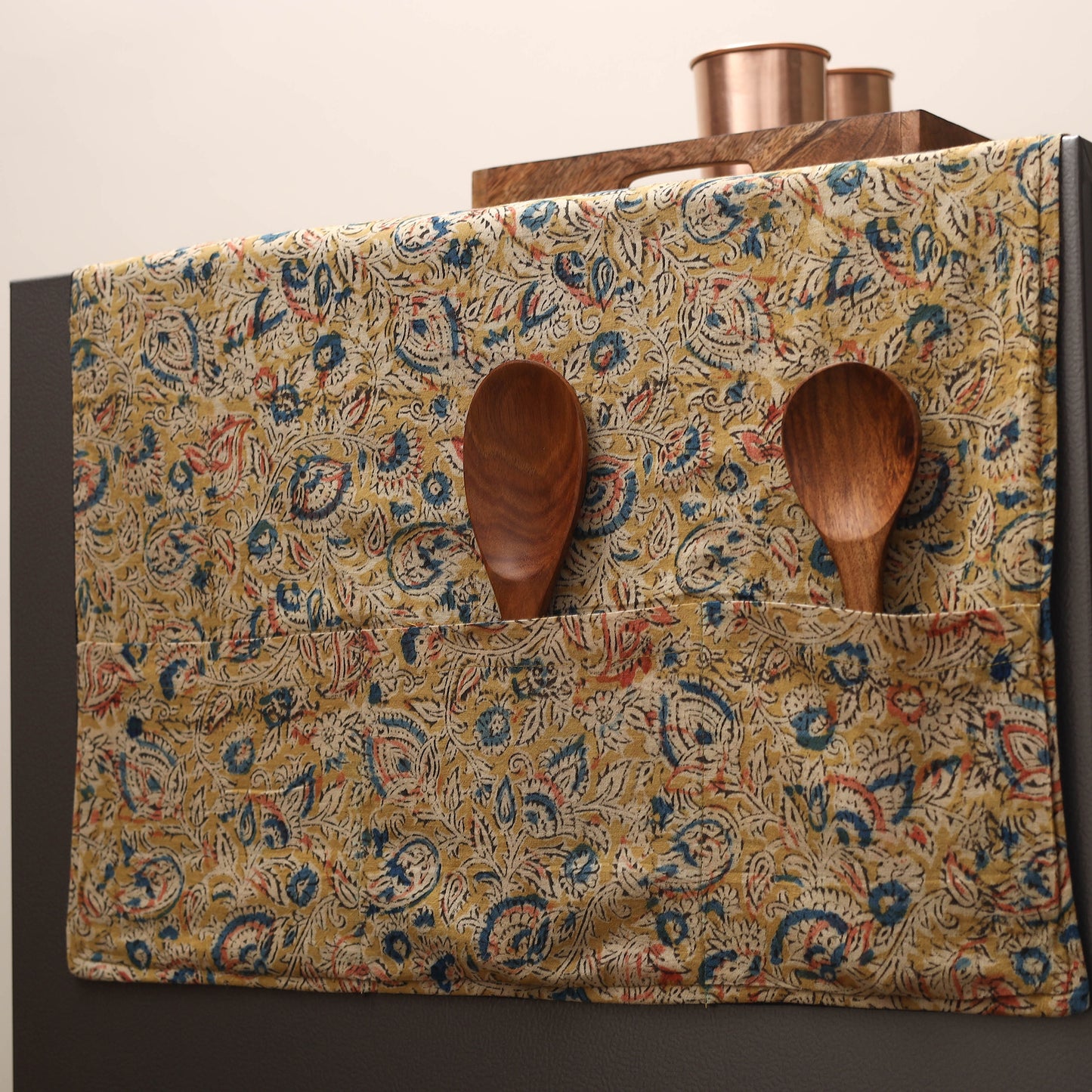 Yellow Handmade Cotton Fridge Top Cover with Multiple Pockets