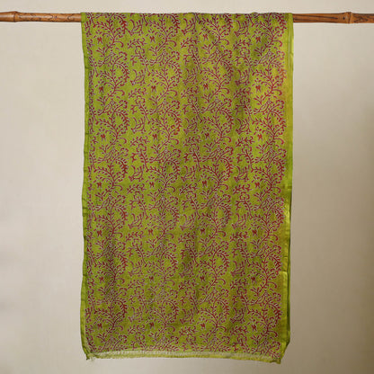 Green - Bengal Kantha Hand Embroidery Tussar Block Print Handloom Stole 29