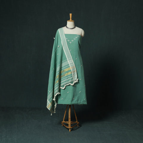 Green - Kutch Bhujodi Handloom Kala Cotton 3pc Unstitched Dress Material Suit Set 05