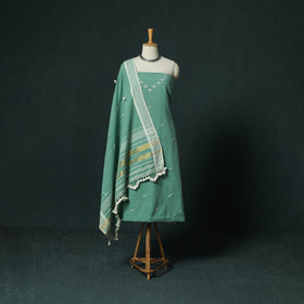 Green - Kutch Bhujodi Handloom Kala Cotton 3pc Unstitched Dress Material Suit Set 05