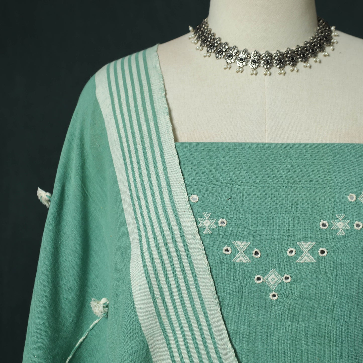 Green - Kutch Bhujodi Handloom Kala Cotton 3pc Unstitched Dress Material Suit Set 05