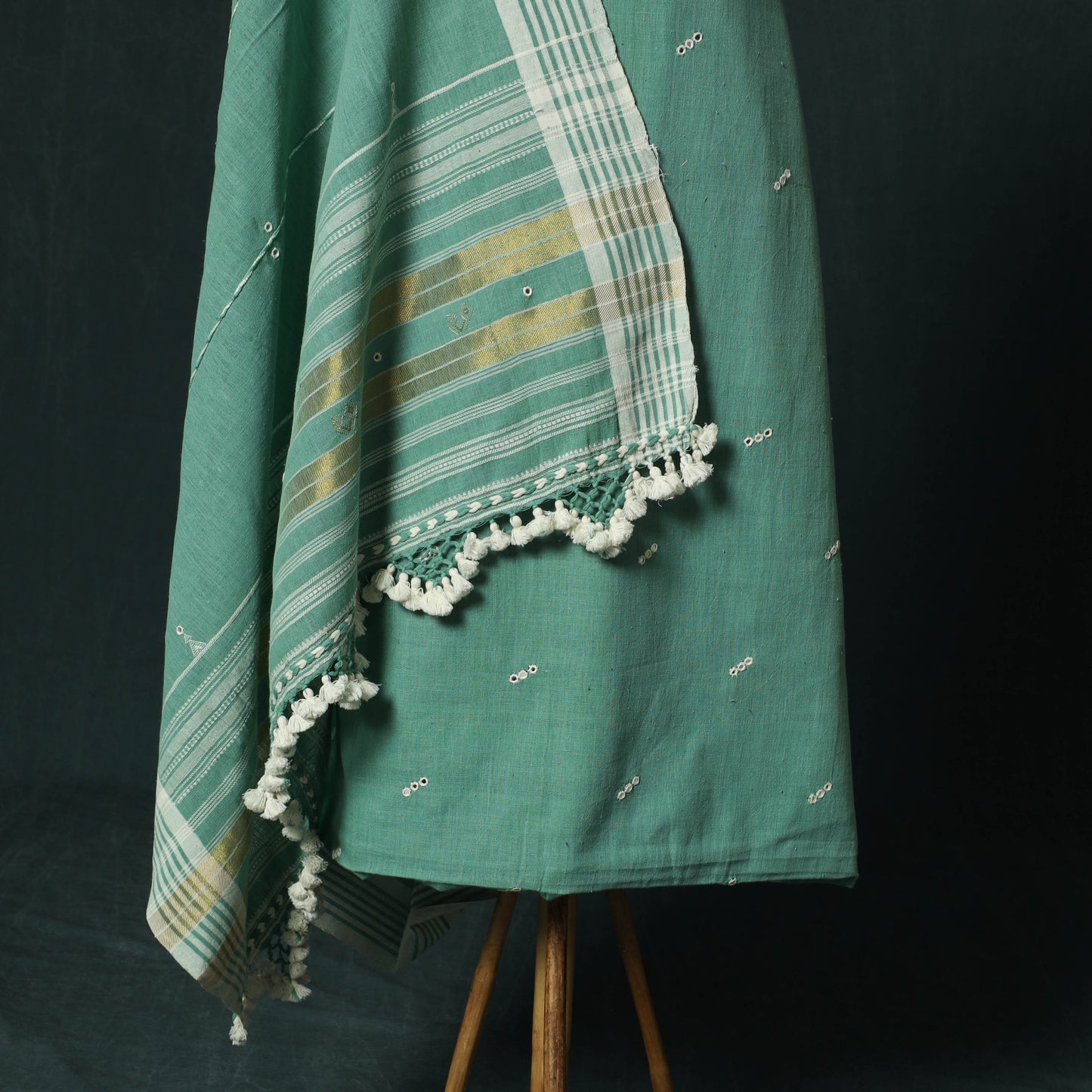 Green - Kutch Bhujodi Handloom Kala Cotton 3pc Unstitched Dress Material Suit Set 05