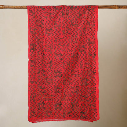 Red - Bengal Kantha Hand Embroidery Tussar Block Print Handloom Stole 28