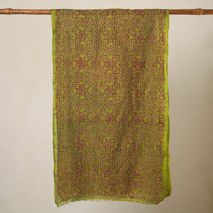 Green - Bengal Kantha Hand Embroidery Tussar Block Print Handloom Stole 26