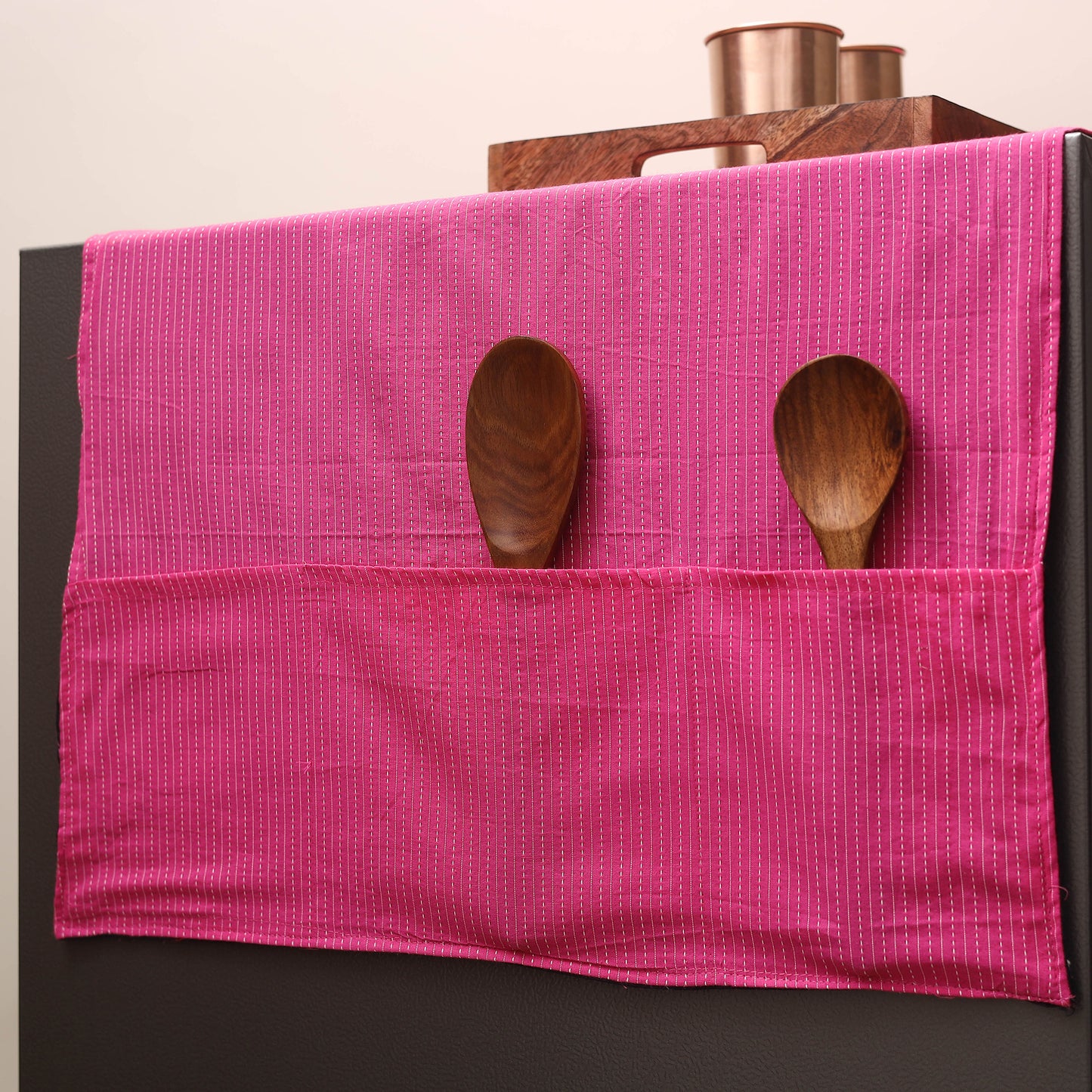 Pink Handmade Cotton Fridge Top Cover with Multiple Pockets