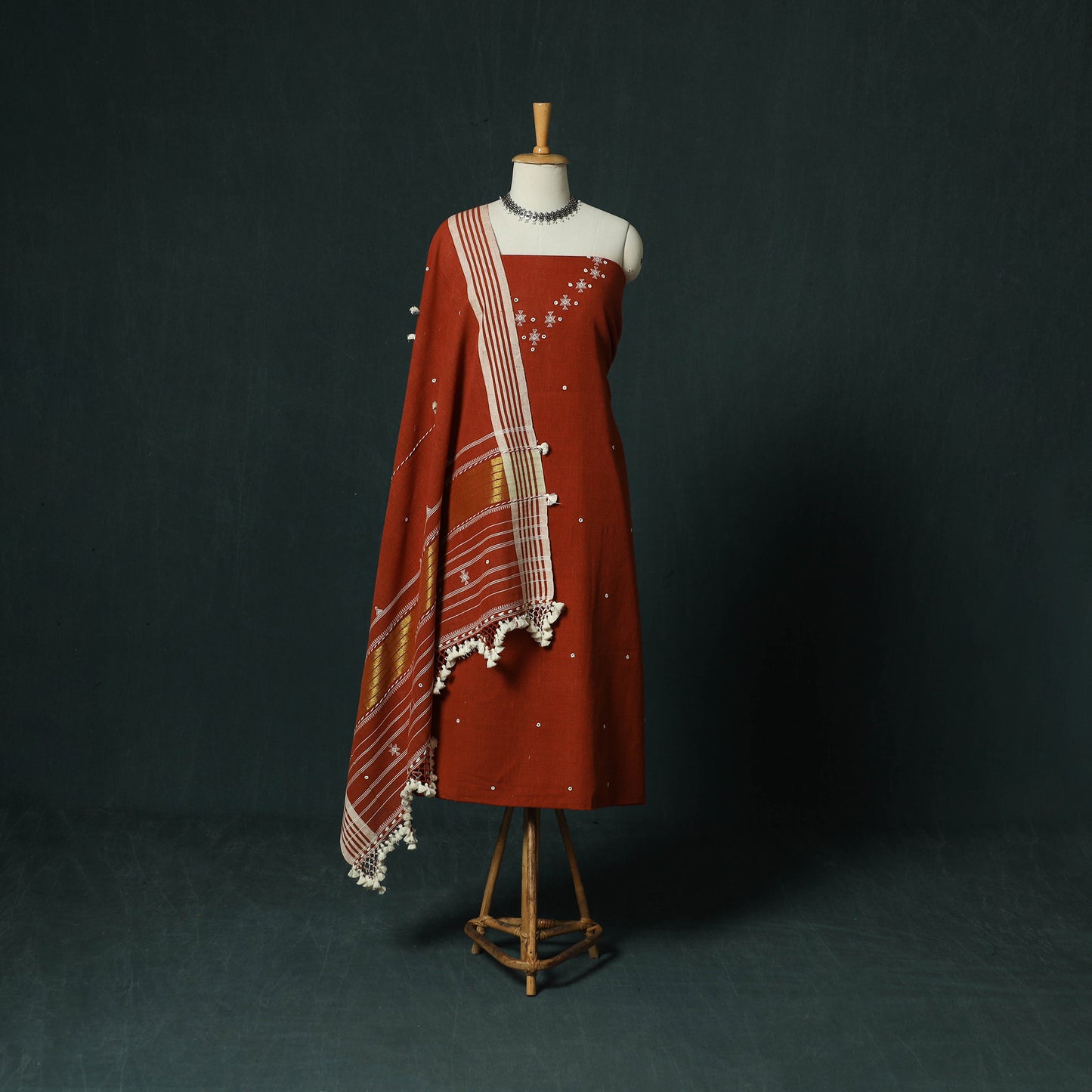 Red - Kutch Bhujodi Handloom Kala Cotton 3pc Unstitched Dress Material Suit Set 06