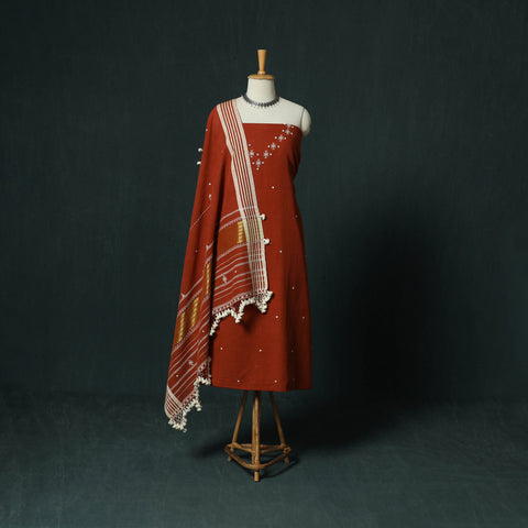 Red - Kutch Bhujodi Handloom Kala Cotton 3pc Unstitched Dress Material Suit Set 06
