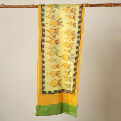 Yellow - Bengal Kantha Hand Embroidery Silk Block Print Handloom Stole 23