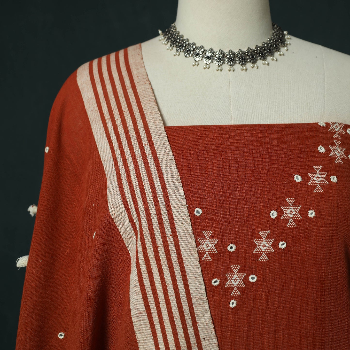 Red - Kutch Bhujodi Handloom Kala Cotton 3pc Unstitched Dress Material Suit Set 06