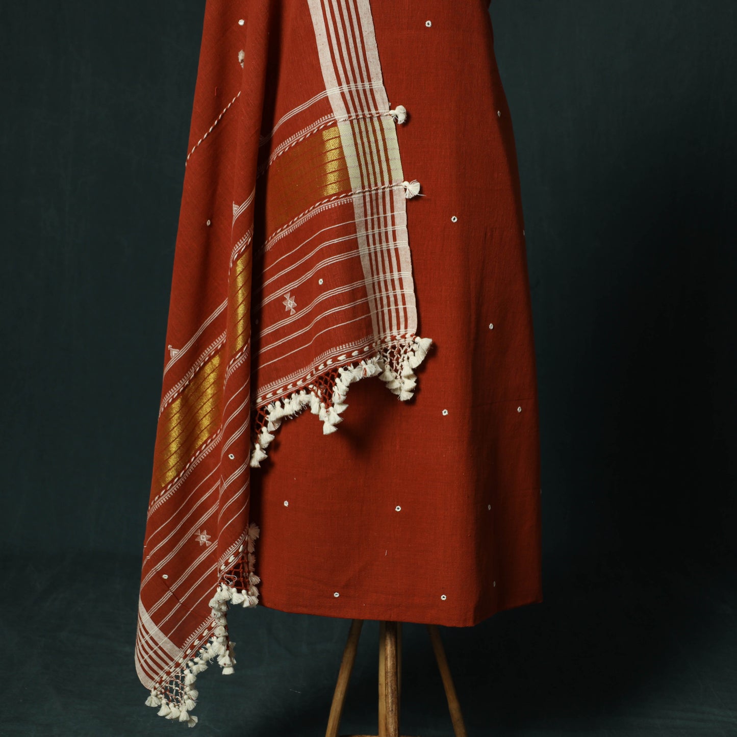 Red - Kutch Bhujodi Handloom Kala Cotton 3pc Unstitched Dress Material Suit Set 06