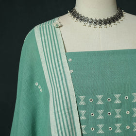 Green - Kutch Bhujodi Handloom Kala Cotton 3pc Unstitched Dress Material Suit Set 08