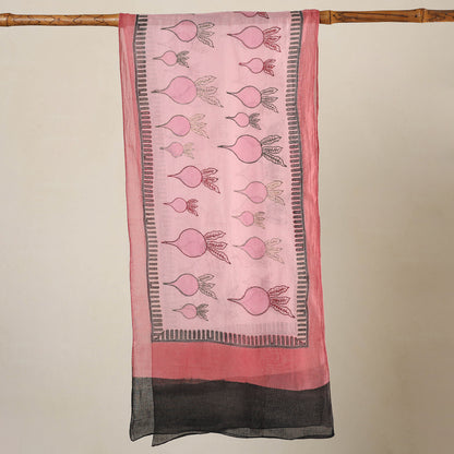 Pink - Bengal Kantha Hand Embroidery Silk Block Print Handloom Stole 16