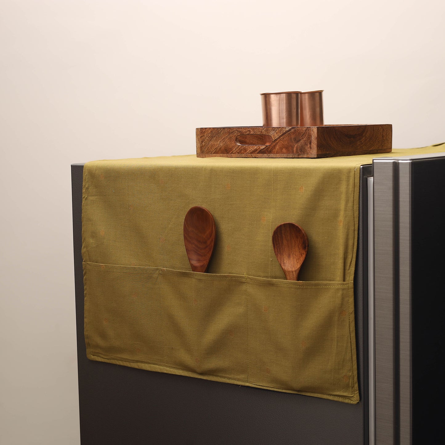 Brown Handmade Cotton Fridge Top Cover with Multiple Pockets