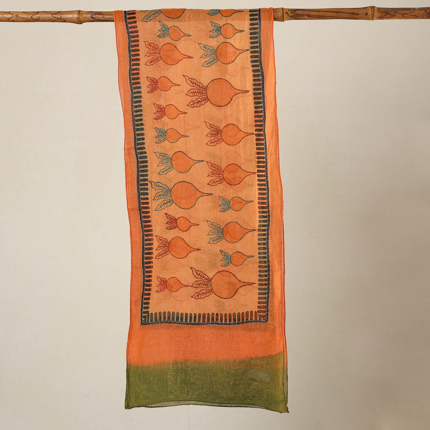 Orange - Bengal Kantha Hand Embroidery Silk Block Print Handloom Stole 15