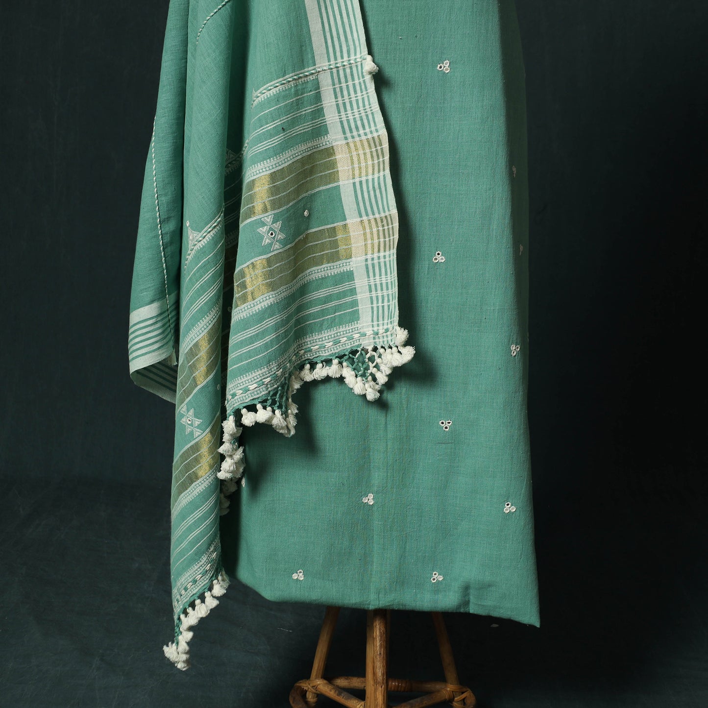 Green - Kutch Bhujodi Handloom Kala Cotton 3pc Unstitched Dress Material Suit Set 08