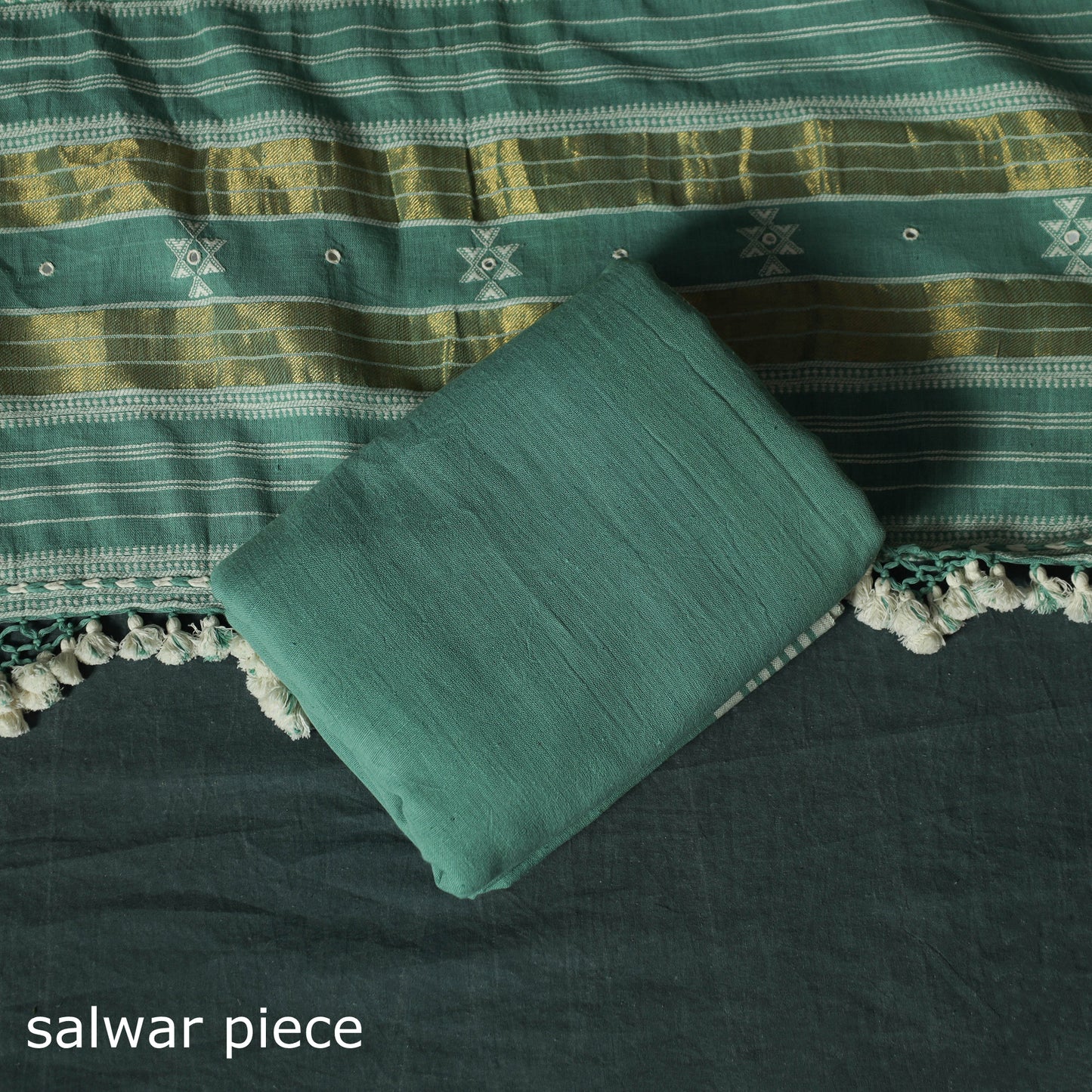 Green - Kutch Bhujodi Handloom Kala Cotton 3pc Unstitched Dress Material Suit Set 08