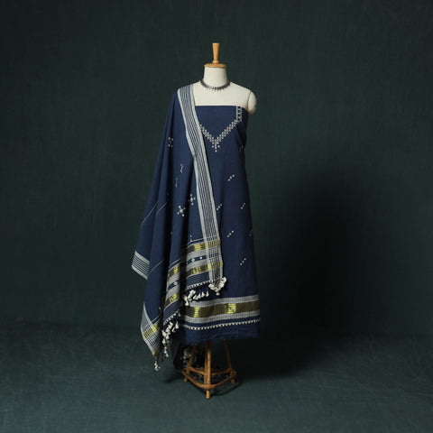 Blue - Kutch Bhujodi Handloom Kala Cotton 3pc Unstitched Dress Material Suit Set 09