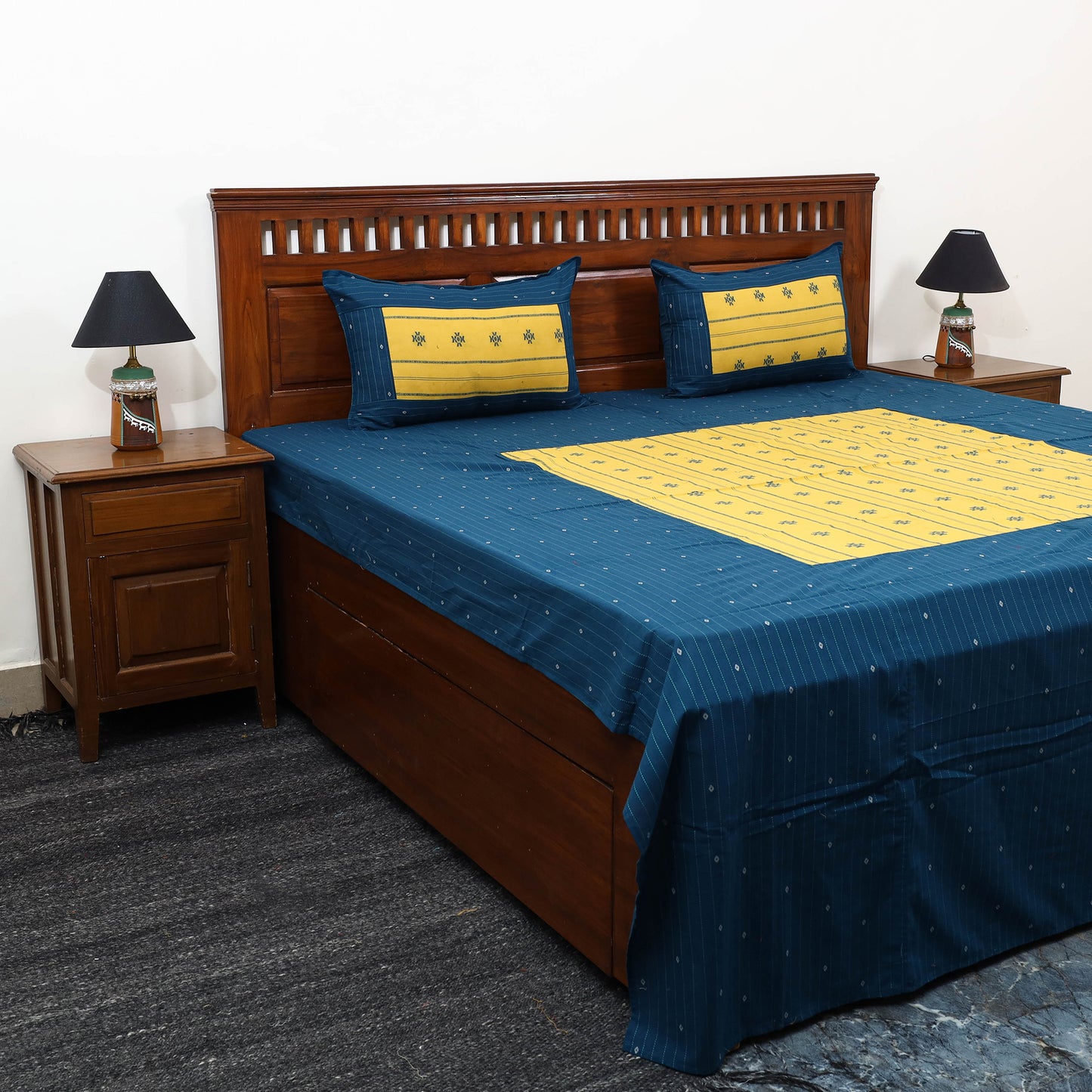 Buy Blue Patchwork Cotton Double Jacquard Bed Sheet Set