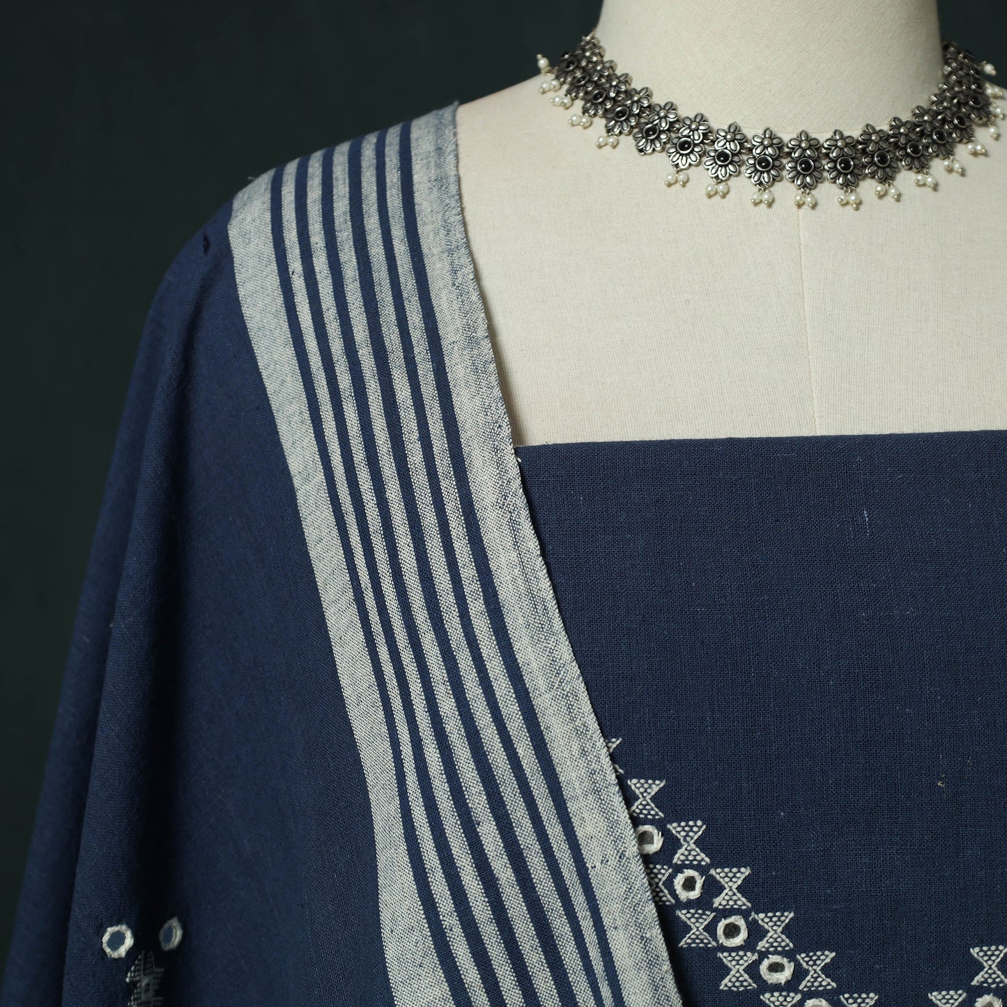Blue - Kutch Bhujodi Handloom Kala Cotton 3pc Unstitched Dress Material Suit Set 09