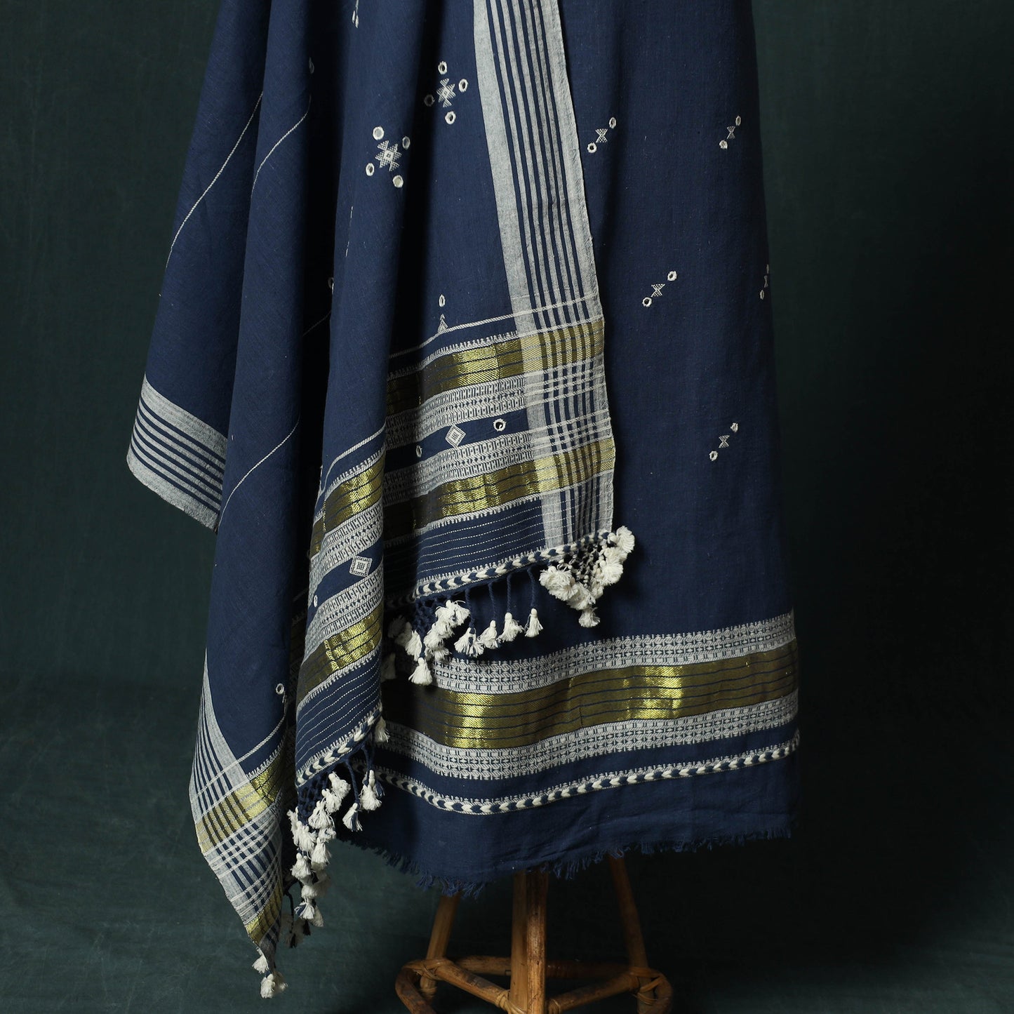 Blue - Kutch Bhujodi Handloom Kala Cotton 3pc Unstitched Dress Material Suit Set 09