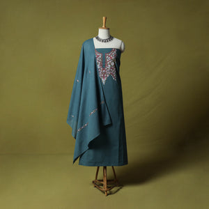 Blue - Hand Embroidered Cotton Kashida 3pc Unstitched Dress Material Suit Set 70