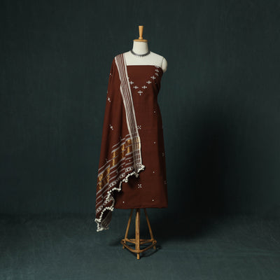Brown - Kutch Bhujodi Handloom Kala Cotton 3pc Unstitched Dress Material Suit Set 10